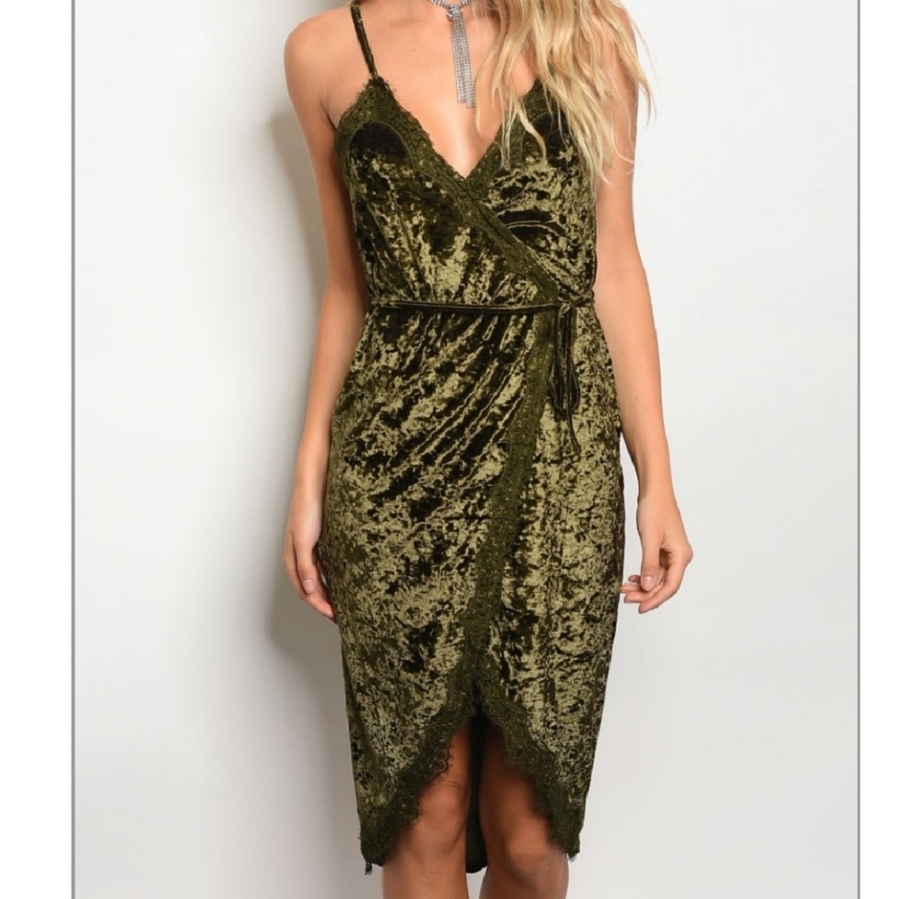 Crushed Velvet Olive Wrap Dress
